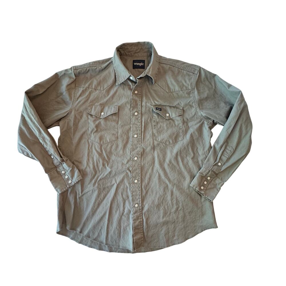 Wrangler Pearl Snap Long Sleeve‎ Gray Button Up Shirt Heavy Weight Cotton XL